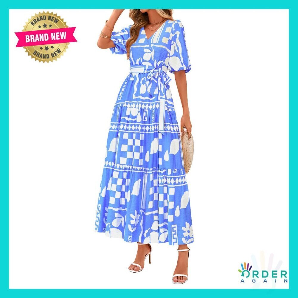 Boho Floral Maxi Dress V Neck Puff Sleeve Ruffle Tiered Resort Wear